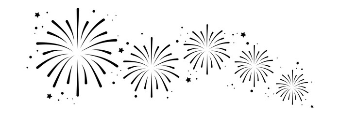 Set of firework icons.Fireworks with stars and sparks isolated on white background.Firework simple black line icons.