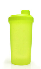 Green wet shaker isolated on white background. Plastic empty liquid container