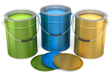 Set of open metal can or buckets of paint with handle on white background.