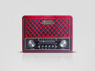 Old red radio, retro radio without background. Vintage radio isolated.