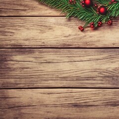 Christmas background - Christmas fir tree and decorating rustic elements on vintage wood table. Creative Flat layout and top view composition with border and copy space design