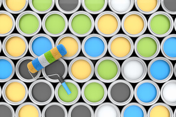 Set of open metal can or buckets of paint in row pattern on white background.