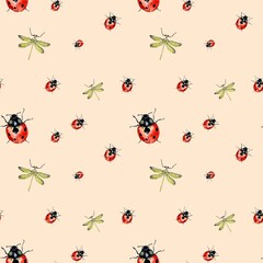 Ladybug red dragonfly beige pattern a watercolor 