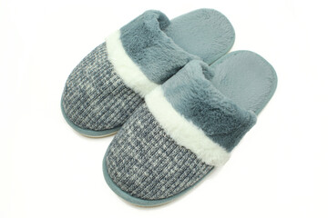 Indoor house slippers isolated on white background. Pair of soft fluffy winter footwear