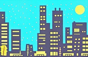 Night city illustration. Digital painting art of cartoon city at night. Trendy print or design background