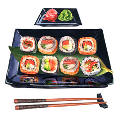 Watercolor illustration sushi rolls set serving with ginger and wasabi on special black tray. Collection box with sushi rolls and chopsticks.