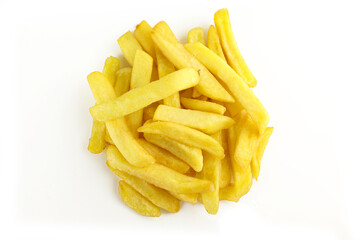 Pile of prepared french fries isolated on white background. Potato sliced chips