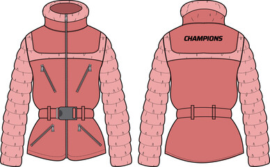Womens Quilted Puffer jacket design flat sketch Illustration, Down puffa Padded jacket with front and back view, Soft shell winter jacket for girls and ladies for outerwear in winter. © JERZEY DESINZ