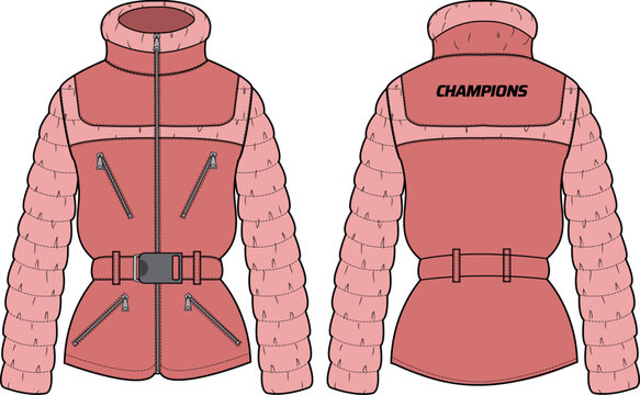 Womens Quilted Puffer jacket design flat sketch Illustration, Down puffa Padded jacket with front and back view, Soft shell winter jacket for girls and ladies for outerwear in winter.
