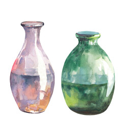 Glass bottles watercolor illustration isolated on white background. Vase for flowers.