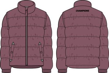 Down puffa Hoodie jacket design flat sketch Illustration, Padded Hooded jacket with front and back view, Soft shell winter jacket for Men and women for outerwear in winter. © JERZEY DESINZ