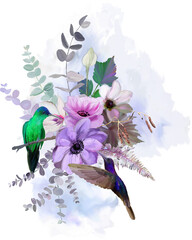 Floral composition with flowers and two birds