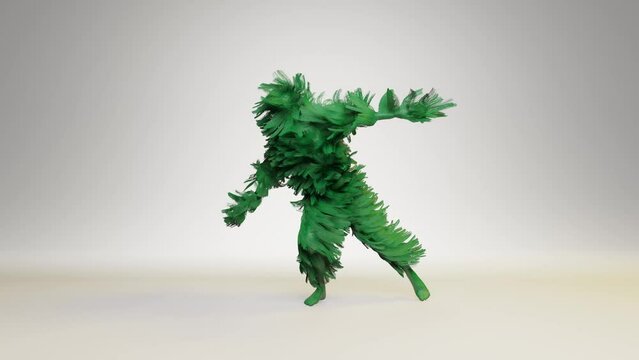 The green Christmas tree is dancing. Looping animation of Christmas tree, cartoon character, hairy monster isolated on background, 3d rendering of holiday mascot