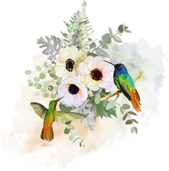 Illustration of hummingbirds with white flowers