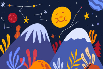 Mountain with space and constellations in the sky