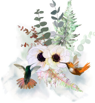 Floral composition with white flowers and tropical birds