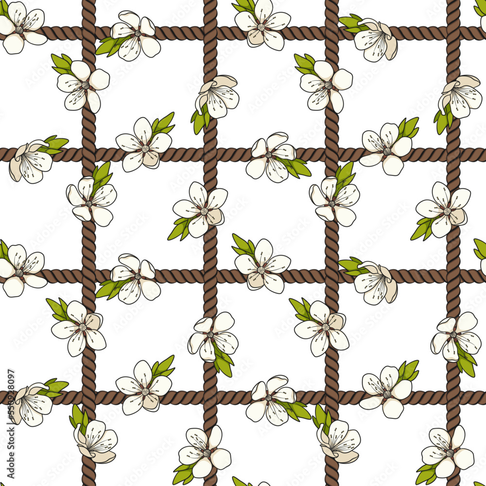 Aufkleber seamless pattern with net of the cord and white spring flowers. colored vector background with objec