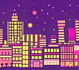 Naklejka premium Night city illustration. Digital painting art of cartoon city at night. Trendy print or design background