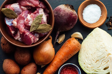 national Ukrainian dish, recipe ingredients for traditional red borscht with meat, cabbage, beets,...