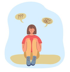 Psychology, mental, healt concept. A girl with confused in her head and a lot of questions.