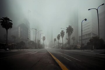 Deserted street in LA in the mist