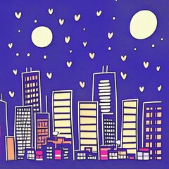 Fototapeta premium Night city illustration. Digital painting art of cartoon city at night. Trendy print or design background
