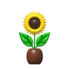 Yellow 3d sunflower in pot. Colorful flower with green leaves to decorate natural home interior and symbol of peace and prosperity