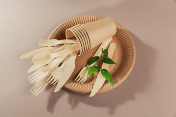 Disposable paper tableware. Cups, plates, wooden forks, knives, spoons and green leaf on beige...