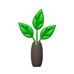 Plant 3d with three green leaves in pot. Beautiful interior decoration in brown elongated vase for home eco decor