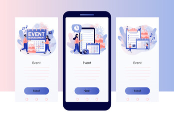 Event management. Manager planning event, conference or party. Professional organizer. Wedding planner. Schedule. Screen template for mobile, smartphone app. Modern flat cartoon style. Vector 