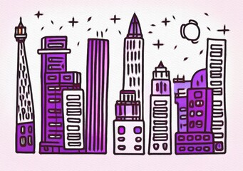 Fototapeta premium Night city illustration. Digital painting art of cartoon city at night. Trendy print or design background