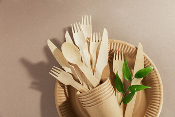 Disposable tableware from natural materials, wooden spoon, fork, knife. Biodegradable plate,...