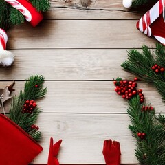 Xmas theme background with decorating elements and ornament rustic on white wood table. Creative Flat layout and top view.png