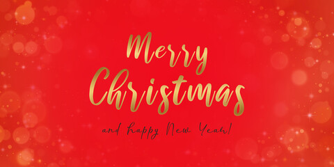 Fototapeta na wymiar Merry Christmas greeting card with gold letters on red magical bokeh background. 