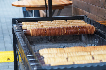 Street food at a market stall for sale at the Christmas market.