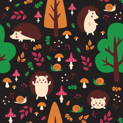 Pattern with hedgehogs, mushrooms, trees, mushrooms and snails.