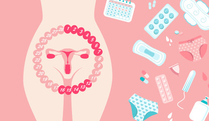 female menstrual cycle banner. elements of feminine hygiene on pink background