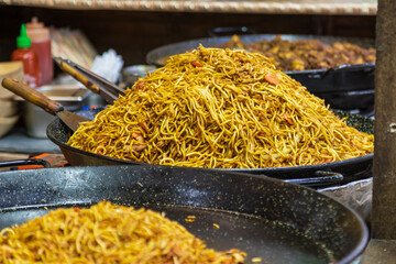 Street food at a market stall for sale at the Christmas market.