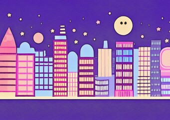 Naklejka premium Night city illustration. Digital painting art of cartoon city at night. Trendy print or design background