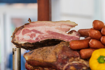 Street food at a market stall for sale at the Christmas market.
