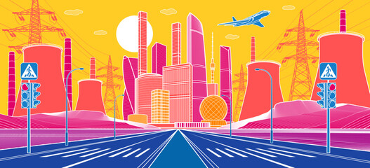 Colorful Infrastructure town illustration.  Wide highway. Thermal power plant and energy lines. Modern city at color background, tower and skyscrapers, business building. Vector design art