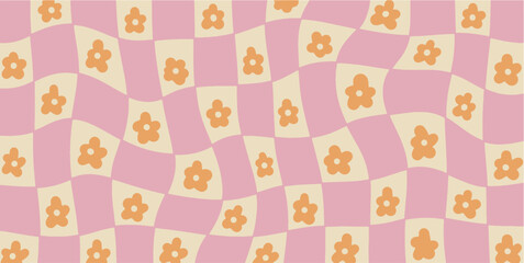 Groovy checkered Daisy Flowers background. Retro 70s - 60s Hippie Aesthetic wallpaper with Trippy distortion Grid. Vector modern Seventies Style illustration