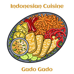 Gado-gado is a typical Indonesian salad containing boiled vegetables and potatoes, boiled eggs, fried tofu tempeh and lontong, served with peanut sauce