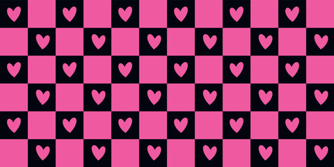 Y2k Emo and Goth checkered seamless patterns with hearts. 2000s black and pink background. Retro 90s, 00s aesthetic