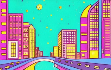 Night city illustration. Digital painting art of cartoon town, houses, skyscrapers at night. Trendy print or design background