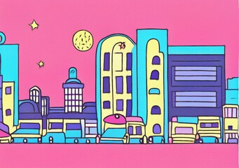 Fototapeta premium Night city illustration. Digital painting art of cartoon town, houses, skyscrapers at night. Trendy print or design background
