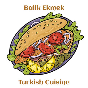 Hot Balik Ekmek fish sandwich with grilled mackerel. Traditional street food turkish cuisine. Cartoon illustration.