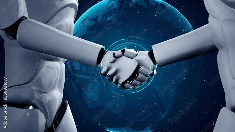 Poster 3d rendering hominoid robot handshake to collaborate future technology development by ai thinking br