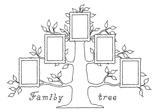 Family tree in doodle style. Family tree with photo frames. Coloring for children. Hand Drawn.	
