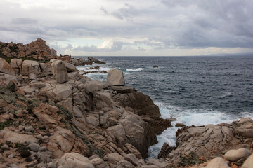 Fototapeta na wymiar coast rocks and the Mediterranean sea of Capo Testa, Sardinia, Italy